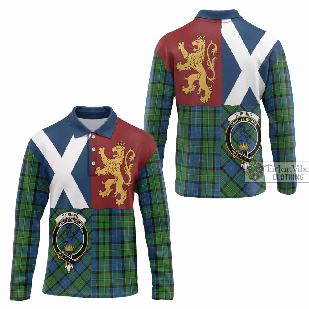 Stirling Crest Tartan Long Sleeve Polo Shirt with Lion Rampant Saltire Style