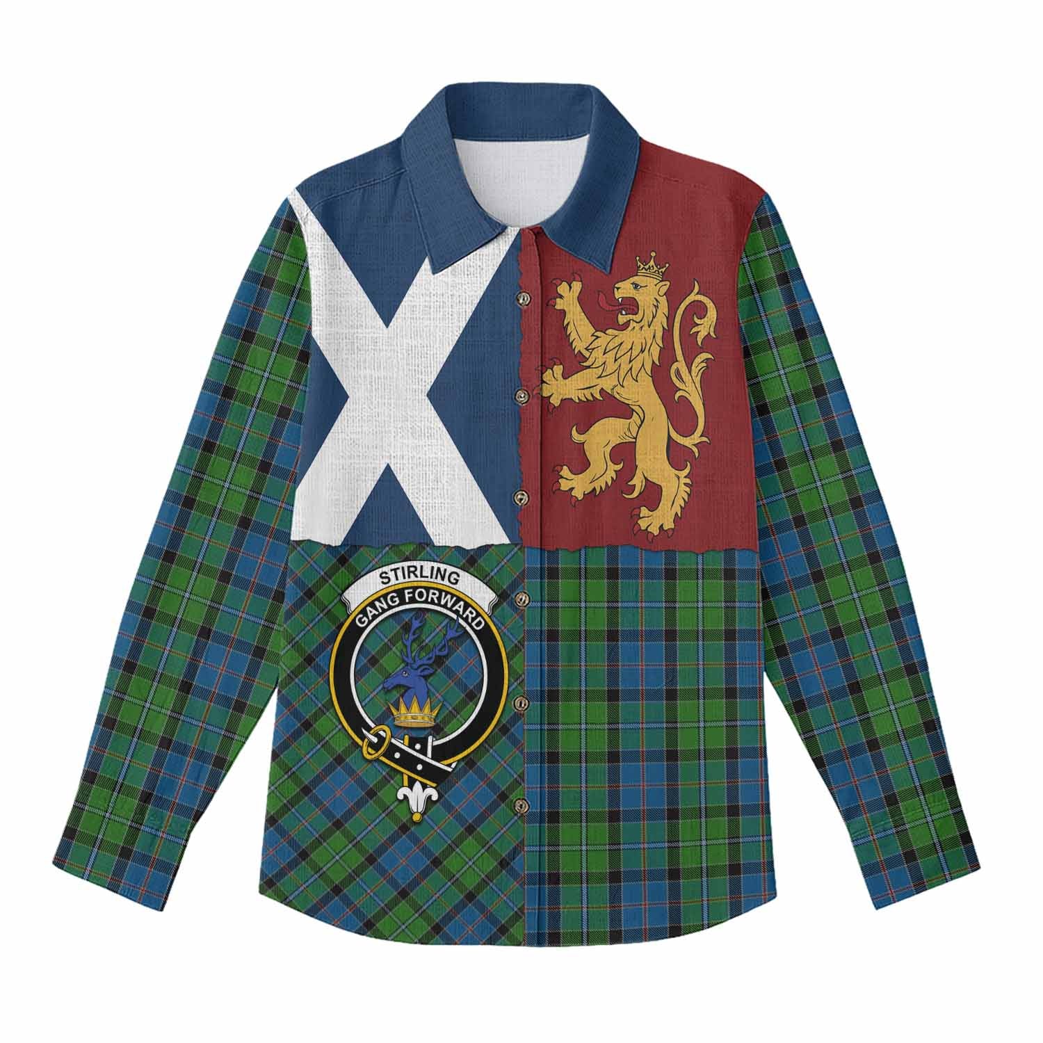 Stirling Crest Tartan Women Casual Shirt with Lion Rampant Saltire Style