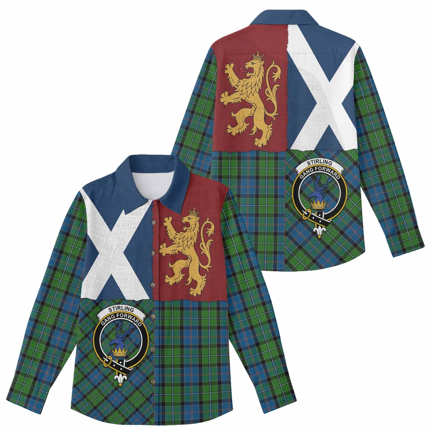 Stirling Crest Tartan Women Casual Shirt with Lion Rampant Saltire Style