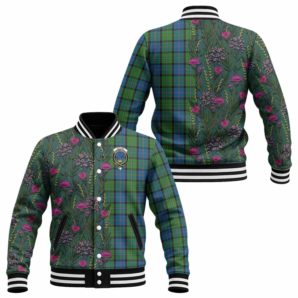 Stirling Family Crest Tartan Baseball Jacket Scottish Thistle Flower Pattern Half Style - Tartan Vibes Clothing