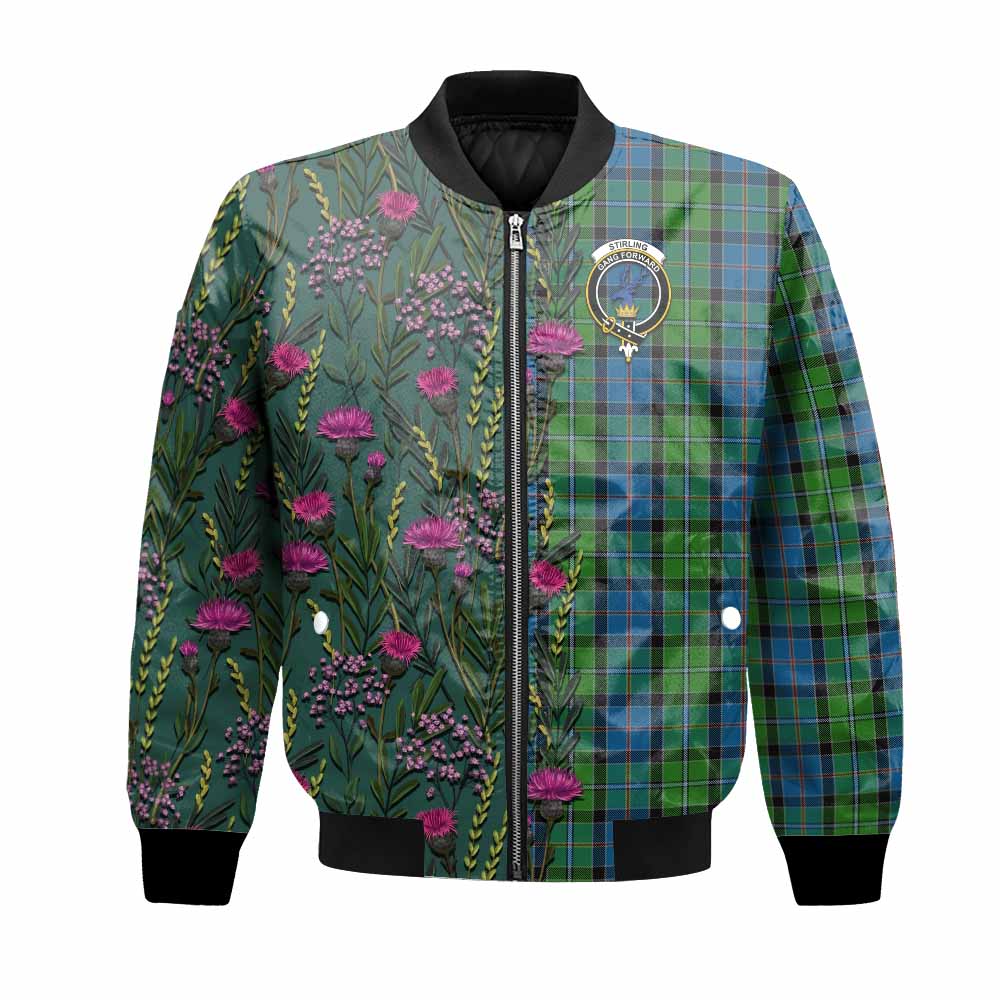 Stirling Family Crest Tartan Bomber Jacket Scottish Thistle Flower Pattern Half Style - Tartan Vibes Clothing