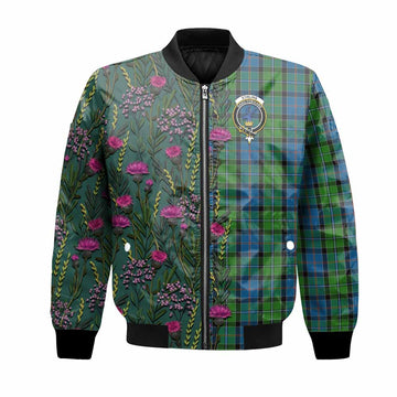 Stirling Family Crest Tartan Bomber Jacket Scottish Thistle Flower Pattern Half Style - Tartan Vibes Clothing