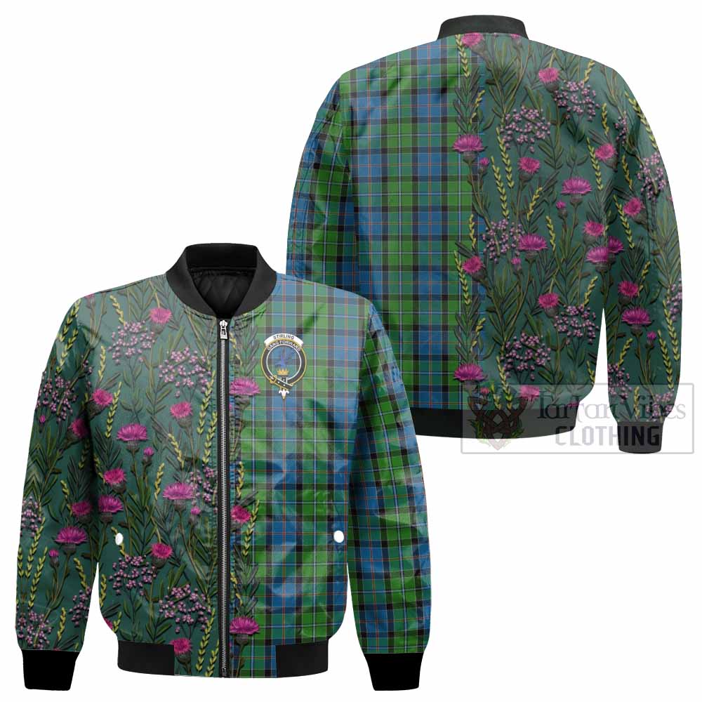 Stirling Family Crest Tartan Bomber Jacket Scottish Thistle Flower Pattern Half Style - Tartan Vibes Clothing