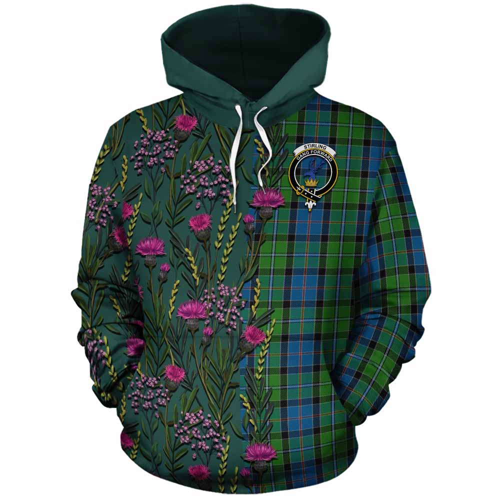 Stirling Family Crest Tartan Cotton Hoodie Scottish Thistle Flower Pattern Half Style - Tartan Vibes Clothing
