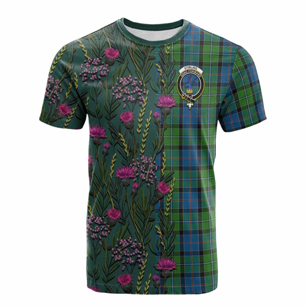 Stirling Family Crest Tartan Cotton T-shirt Scottish Thistle Flower Pattern Half Style - Tartan Vibes Clothing