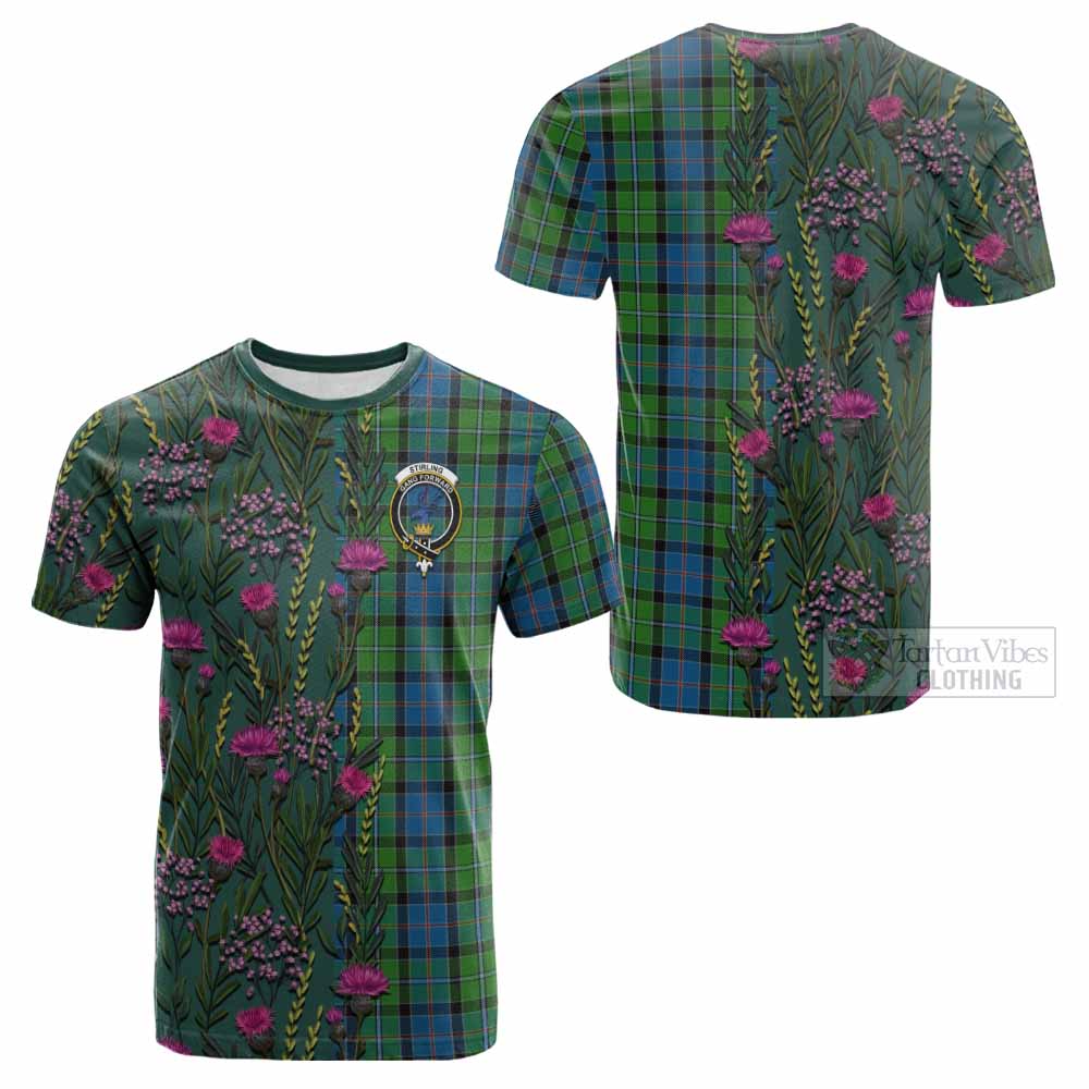Stirling Family Crest Tartan Cotton T-shirt Scottish Thistle Flower Pattern Half Style - Tartan Vibes Clothing