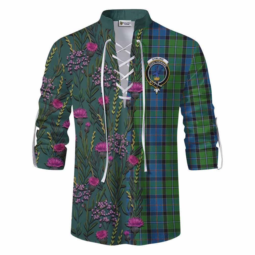 Stirling Family Crest Tartan Ghillie Shirt Scottish Thistle Flower Pattern Half Style - Tartan Vibes Clothing