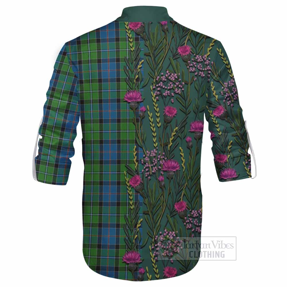 Stirling Family Crest Tartan Ghillie Shirt Scottish Thistle Flower Pattern Half Style - Tartan Vibes Clothing