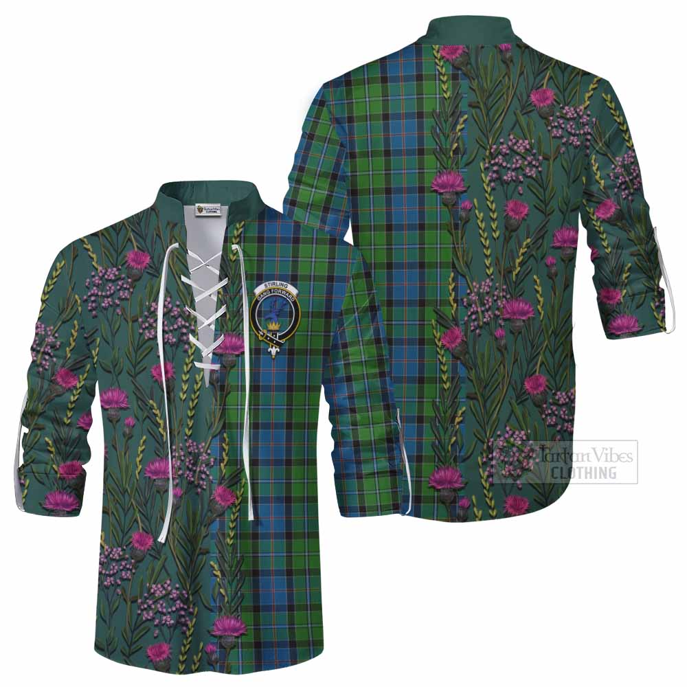 Stirling Family Crest Tartan Ghillie Shirt Scottish Thistle Flower Pattern Half Style - Tartan Vibes Clothing