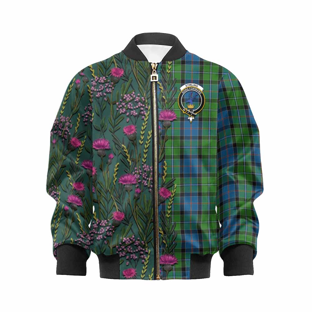 Stirling Family Crest Tartan Kid Bomber Jacket Scottish Thistle Flower Pattern Half Style - Tartan Vibes Clothing
