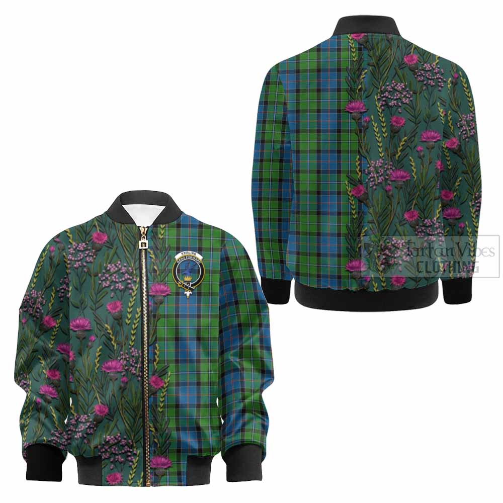 Stirling Family Crest Tartan Kid Bomber Jacket Scottish Thistle Flower Pattern Half Style - Tartan Vibes Clothing