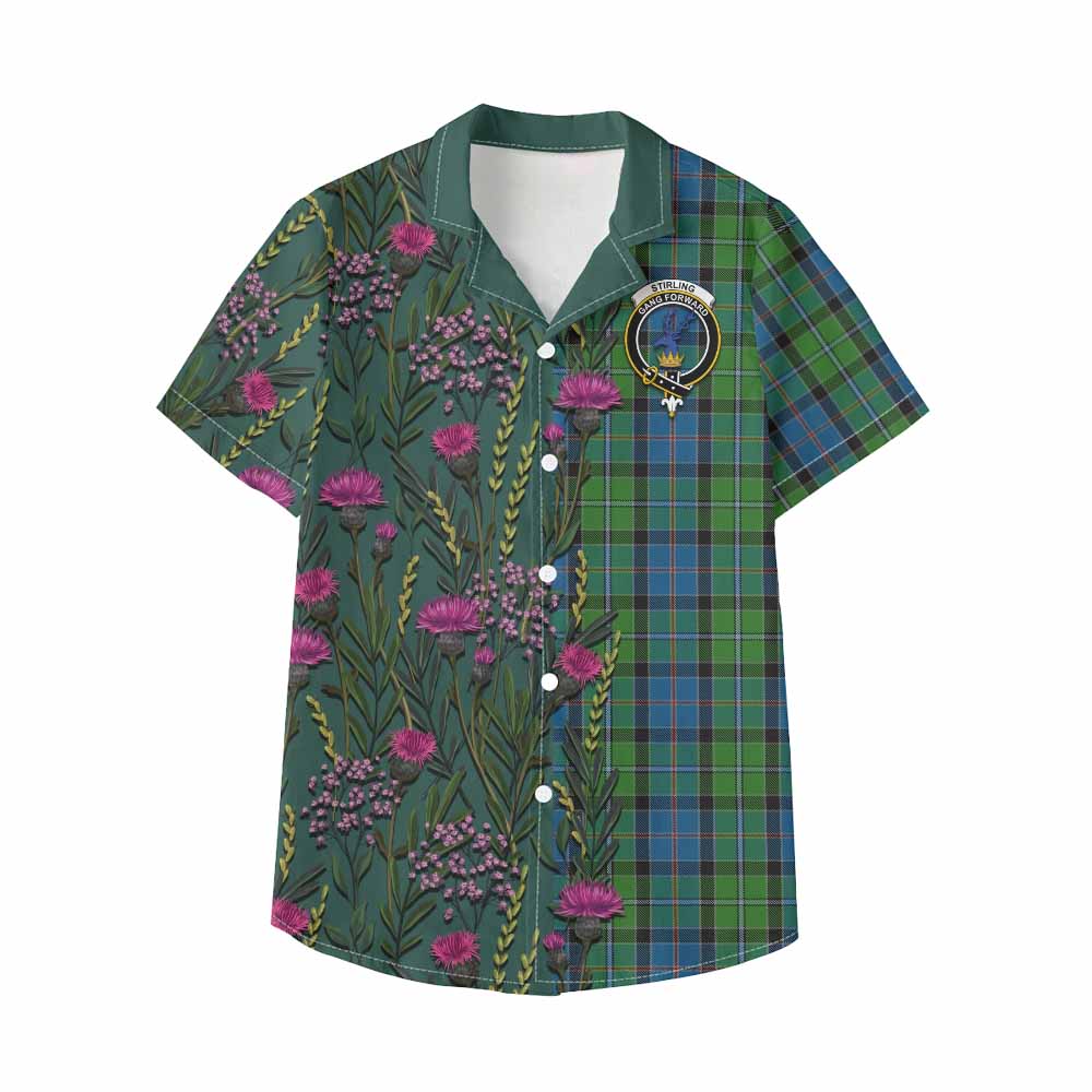 Stirling Family Crest Tartan Kid Hawaiian Shirt Scottish Thistle Flower Pattern Half Style - Tartan Vibes Clothing