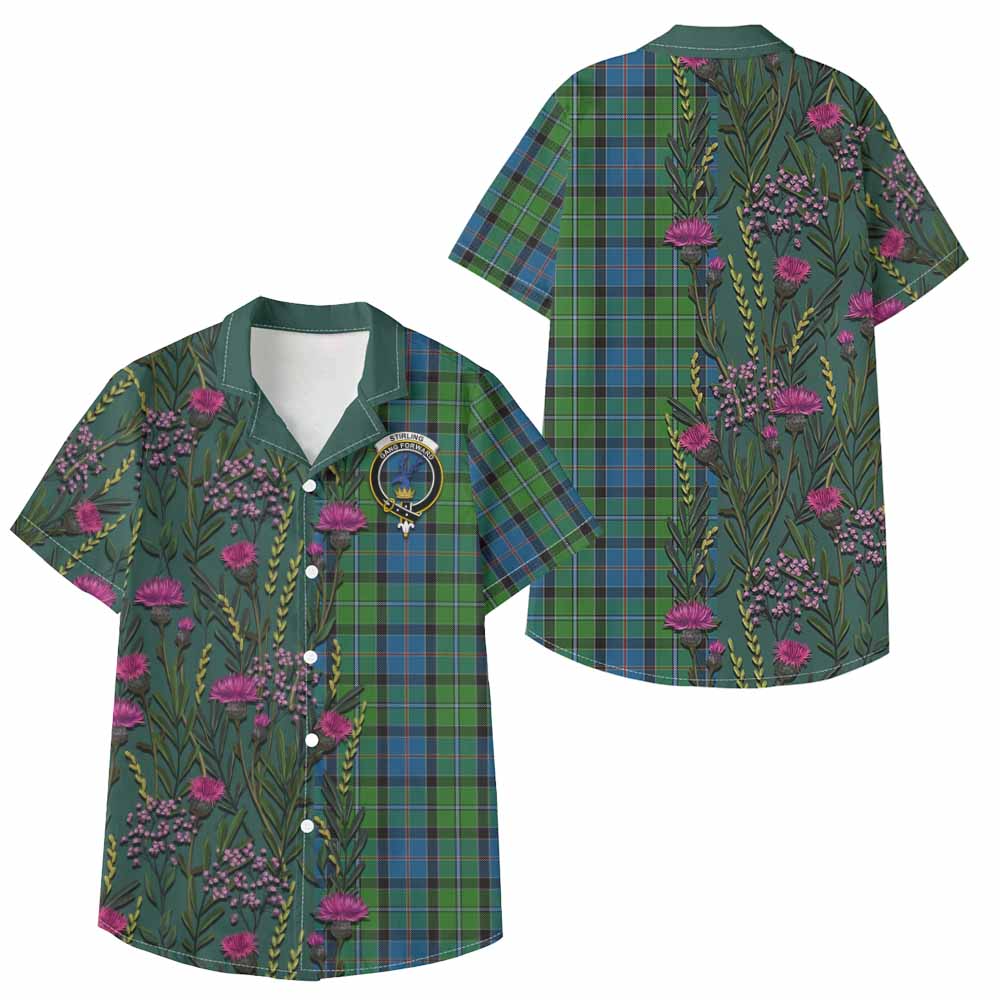Stirling Family Crest Tartan Kid Hawaiian Shirt Scottish Thistle Flower Pattern Half Style - Tartan Vibes Clothing