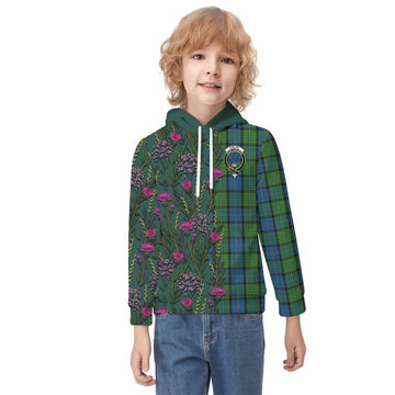 Stirling Family Crest Tartan Kid Hoodie Scottish Thistle Flower Pattern Half Style - Tartan Vibes Clothing