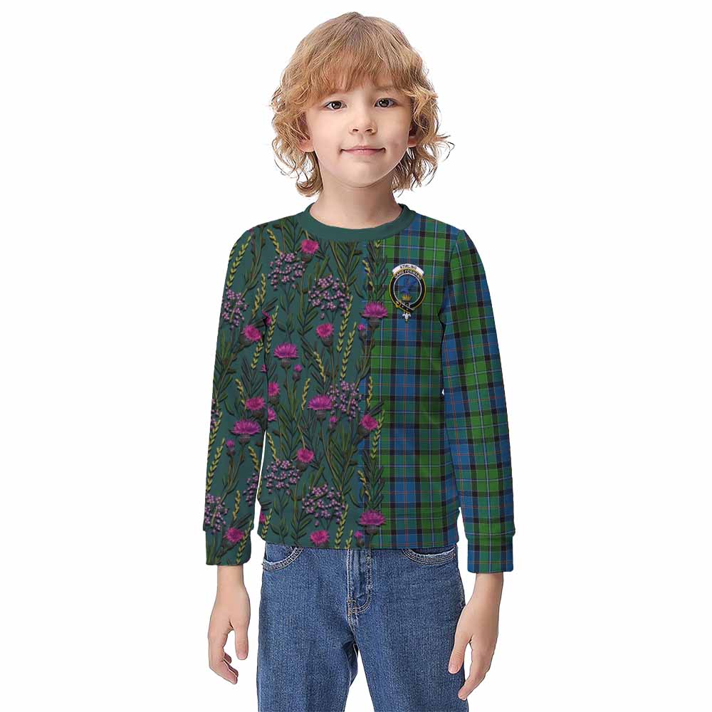 Stirling Family Crest Tartan Kid Knitted Sweatshirt Scottish Thistle Flower Pattern Half Style - Tartan Vibes Clothing