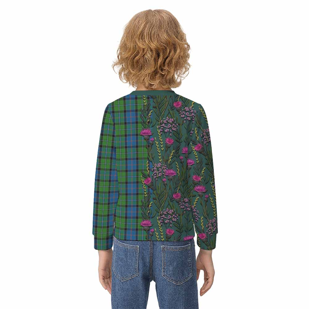 Stirling Family Crest Tartan Kid Knitted Sweatshirt Scottish Thistle Flower Pattern Half Style - Tartan Vibes Clothing