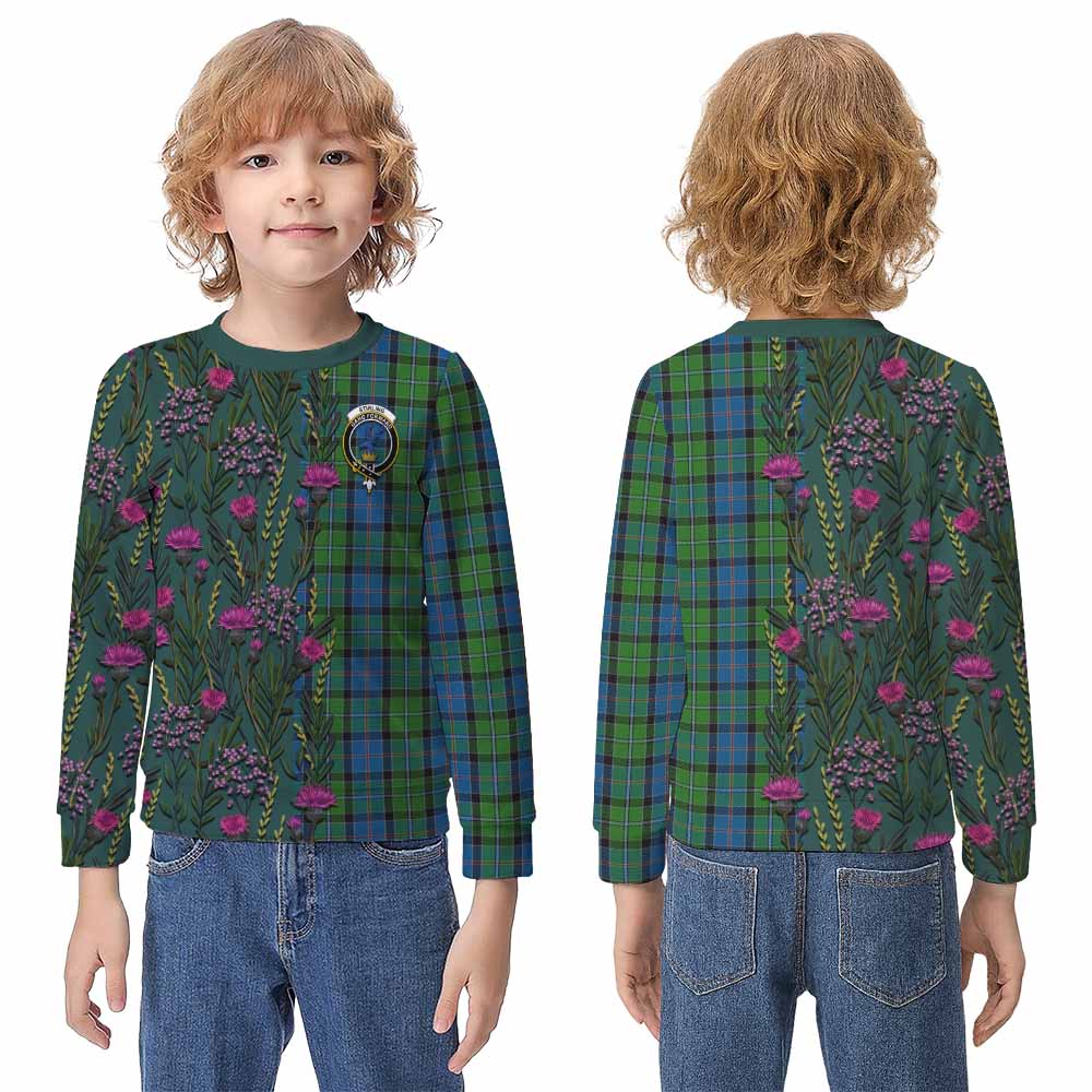 Stirling Family Crest Tartan Kid Knitted Sweatshirt Scottish Thistle Flower Pattern Half Style - Tartan Vibes Clothing