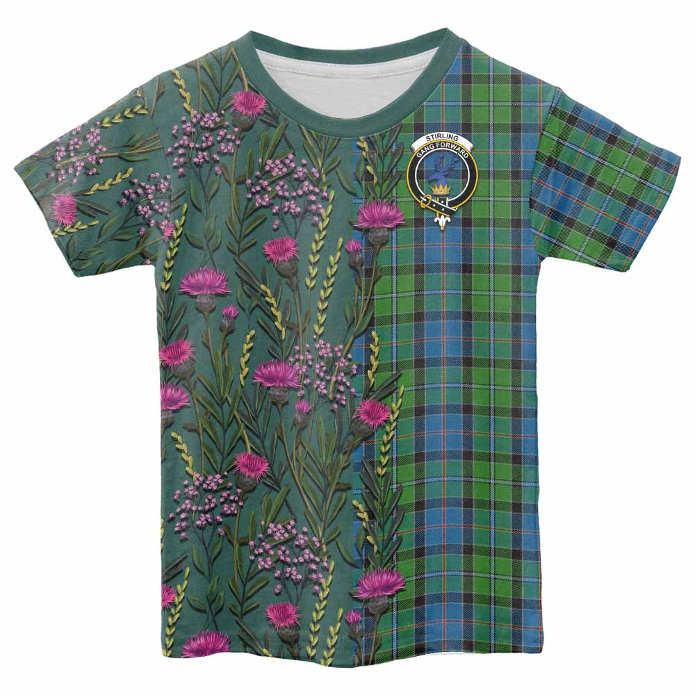 Stirling Family Crest Tartan Kid T-shirt Scottish Thistle Flower Pattern Half Style - Tartan Vibes Clothing