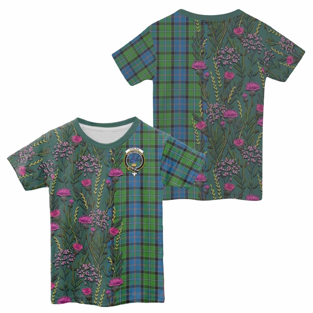 Stirling Family Crest Tartan Kid T-shirt Scottish Thistle Flower Pattern Half Style - Tartan Vibes Clothing