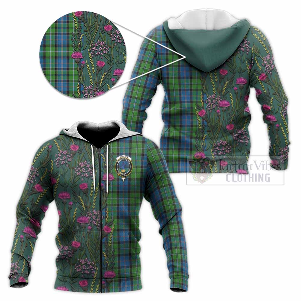 Stirling Family Crest Tartan Knitted Hoodie Scottish Thistle Flower Pattern Half Style - Tartan Vibes Clothing