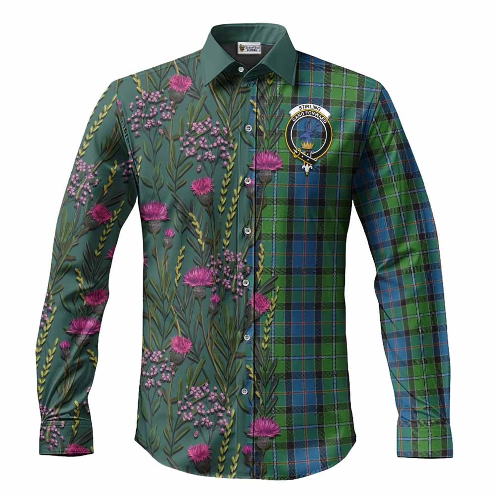 Stirling Family Crest Tartan Long Sleeve Button Shirts Scottish Thistle Flower Pattern Half Style - Tartan Vibes Clothing