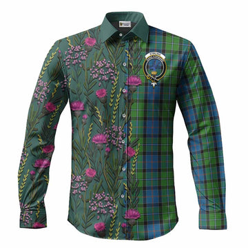 Stirling Family Crest Tartan Long Sleeve Button Shirts Scottish Thistle Flower Pattern Half Style - Tartan Vibes Clothing