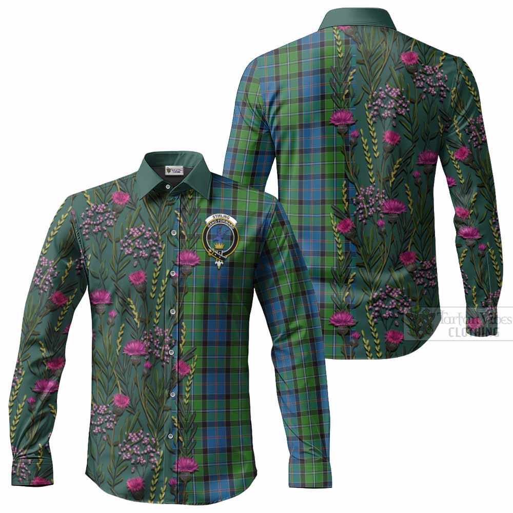 Stirling Family Crest Tartan Long Sleeve Button Shirts Scottish Thistle Flower Pattern Half Style - Tartan Vibes Clothing
