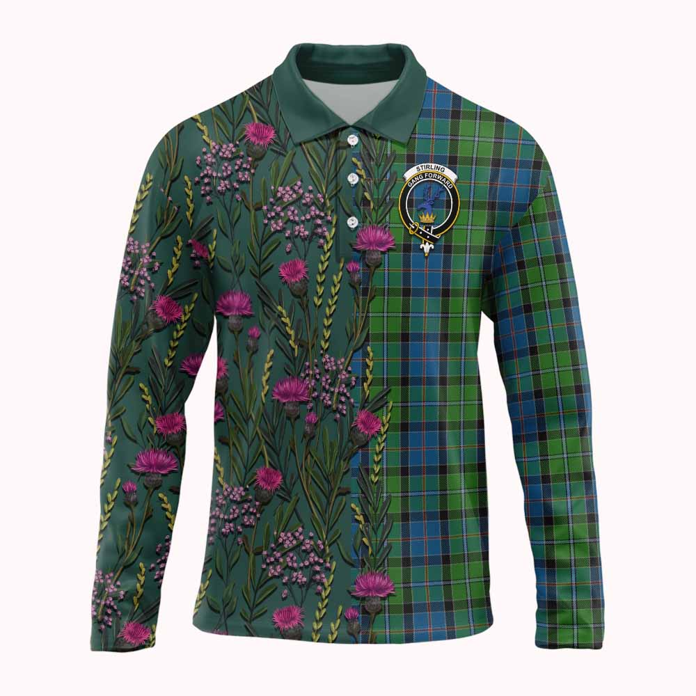 Stirling Family Crest Tartan Long Sleeve Polo Shirt Scottish Thistle Flower Pattern Half Style - Tartan Vibes Clothing