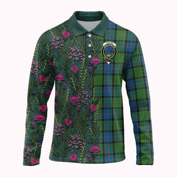 Stirling Family Crest Tartan Long Sleeve Polo Shirt Scottish Thistle Flower Pattern Half Style - Tartan Vibes Clothing