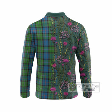 Stirling Family Crest Tartan Long Sleeve Polo Shirt Scottish Thistle Flower Pattern Half Style - Tartan Vibes Clothing
