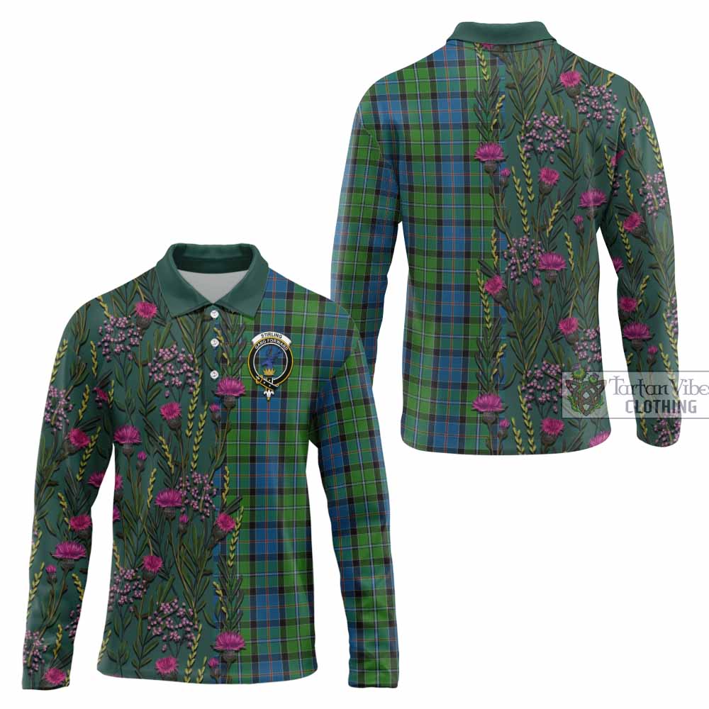 Stirling Family Crest Tartan Long Sleeve Polo Shirt Scottish Thistle Flower Pattern Half Style - Tartan Vibes Clothing
