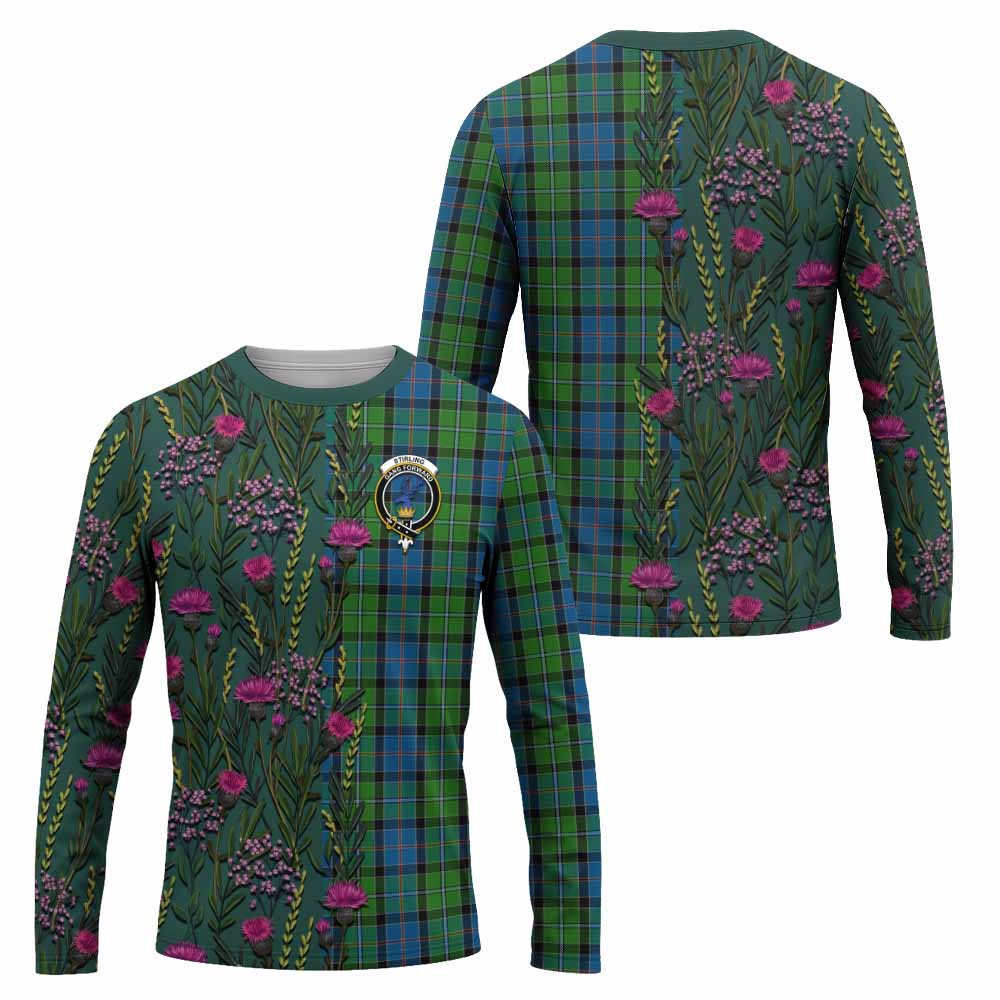 Stirling Family Crest Tartan Long Sleeve T-Shirt Scottish Thistle Flower Pattern Half Style - Tartan Vibes Clothing