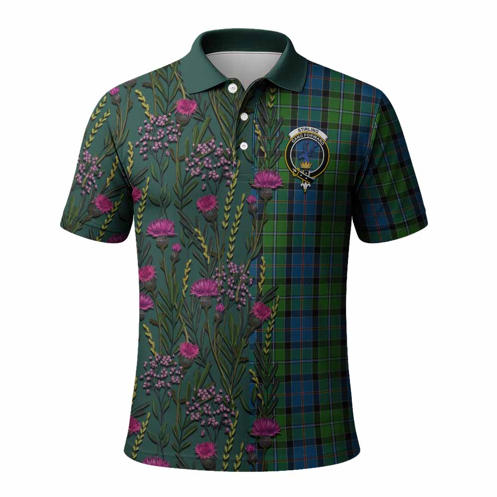 Stirling Family Crest Tartan Polo Shirt Scottish Thistle Flower Pattern Half Style - Tartan Vibes Clothing