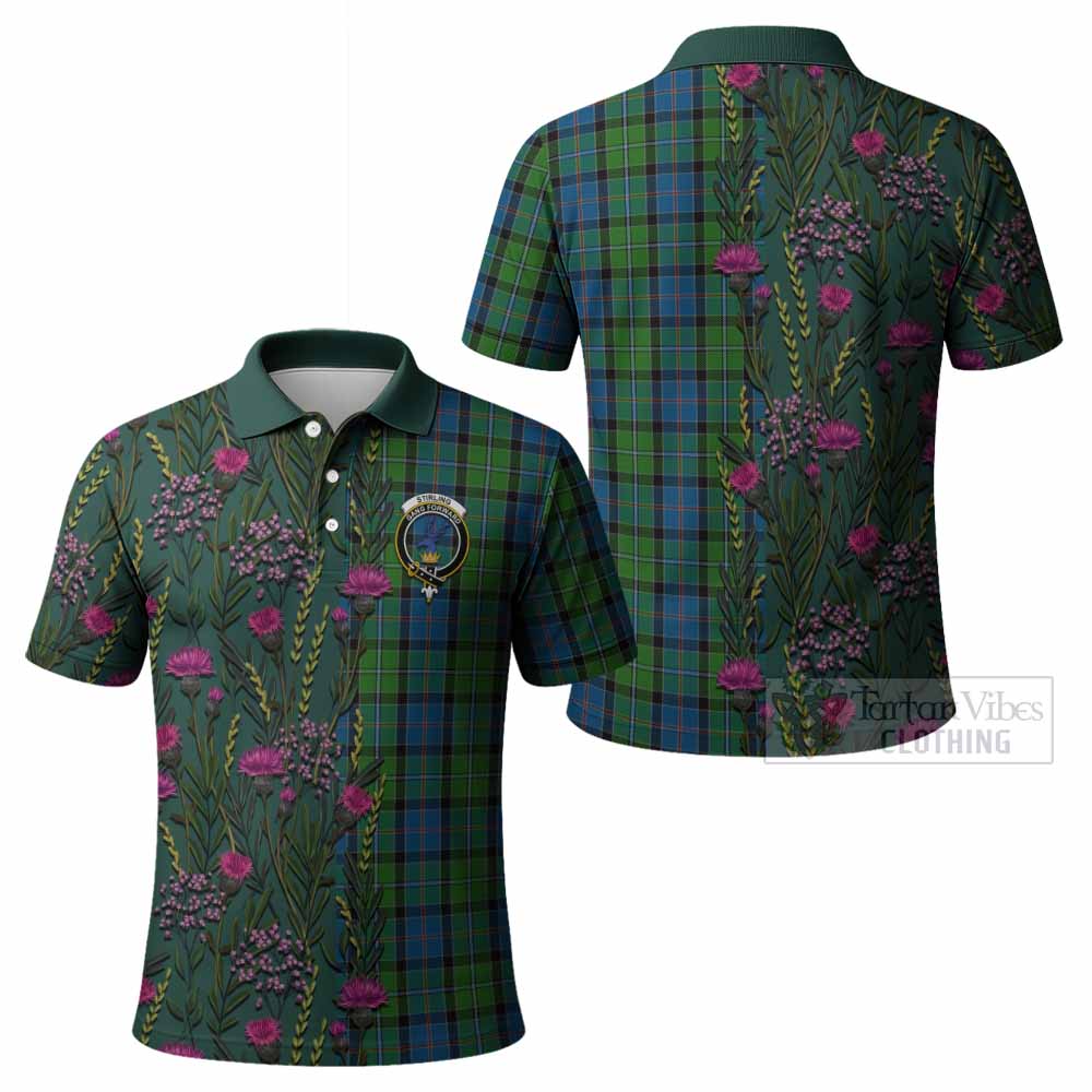 Stirling Family Crest Tartan Polo Shirt Scottish Thistle Flower Pattern Half Style - Tartan Vibes Clothing