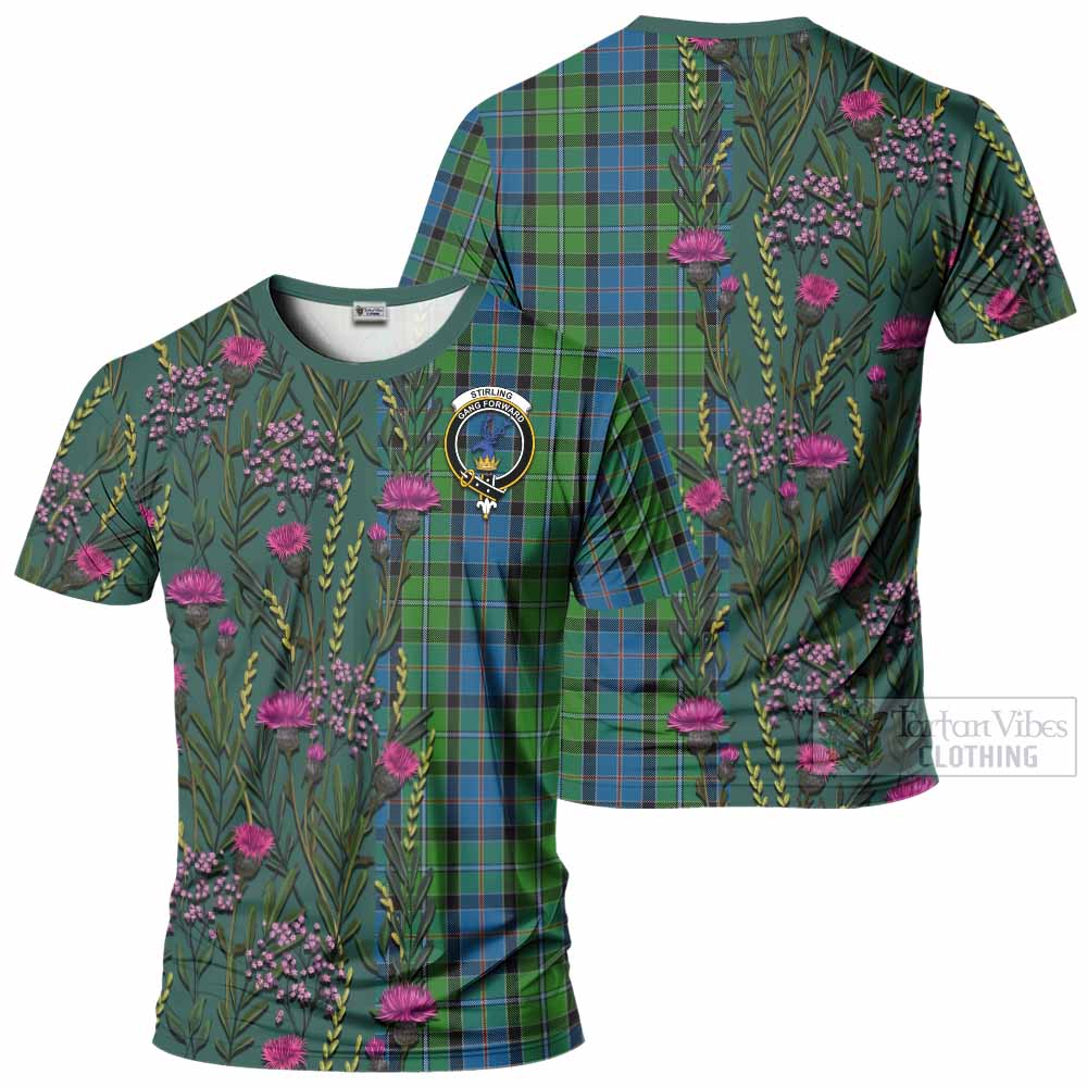 Stirling Family Crest Tartan T-Shirt Scottish Thistle Flower Pattern Half Style - Tartan Vibes Clothing