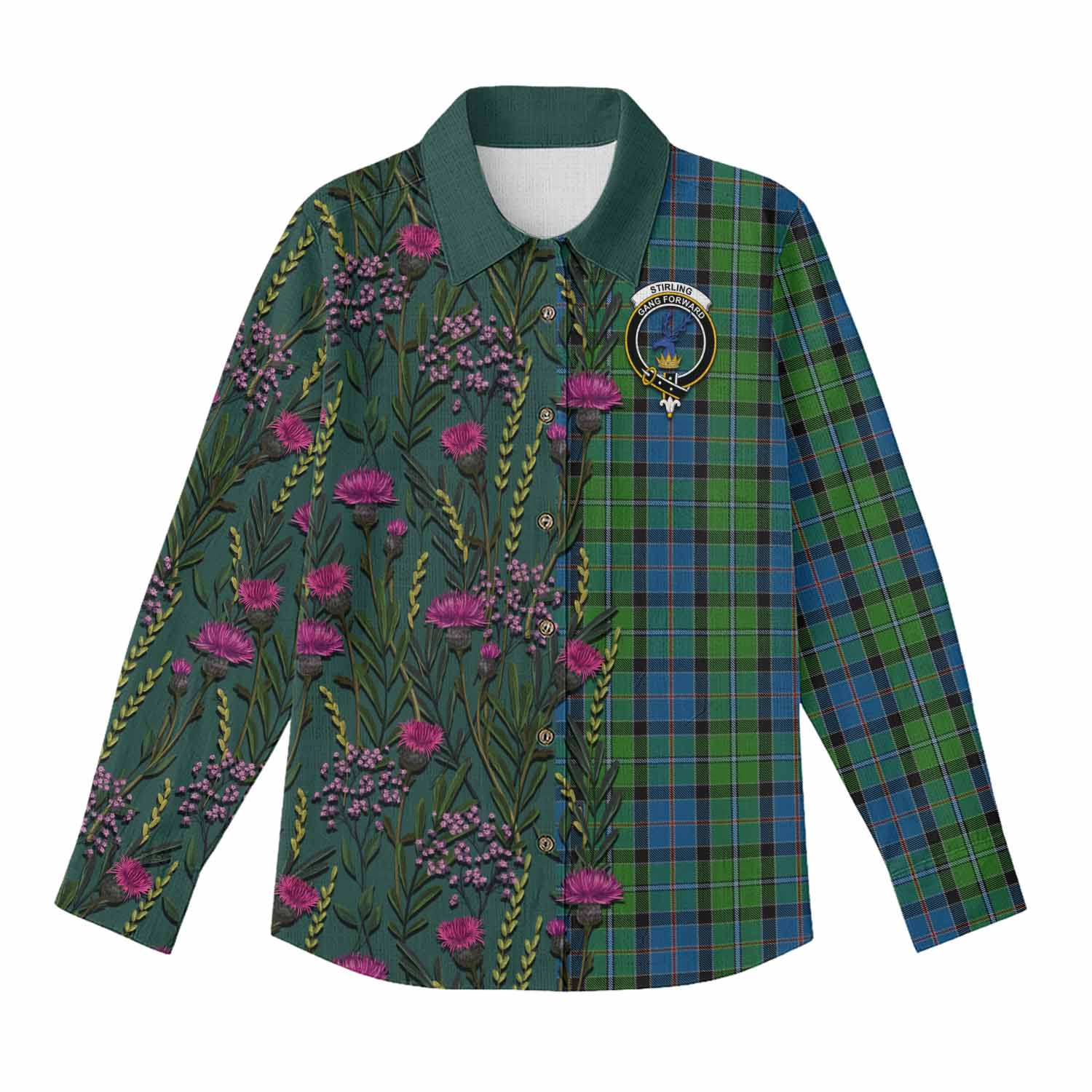 Stirling Family Crest Tartan Women Casual Shirt Scottish Thistle Flower Pattern Half Style - Tartan Vibes Clothing