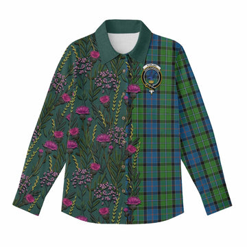 Stirling Family Crest Tartan Women Casual Shirt Scottish Thistle Flower Pattern Half Style - Tartan Vibes Clothing