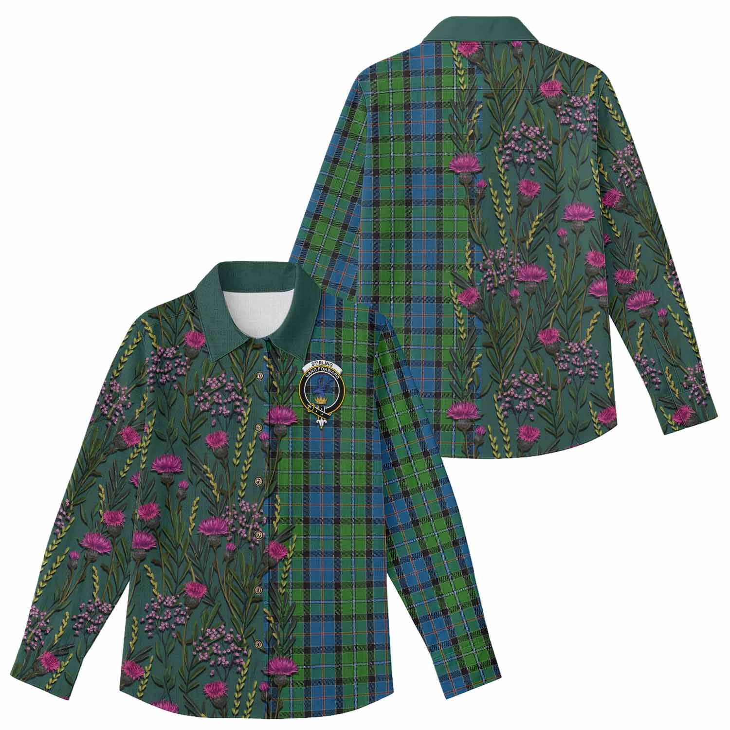 Stirling Family Crest Tartan Women Casual Shirt Scottish Thistle Flower Pattern Half Style - Tartan Vibes Clothing