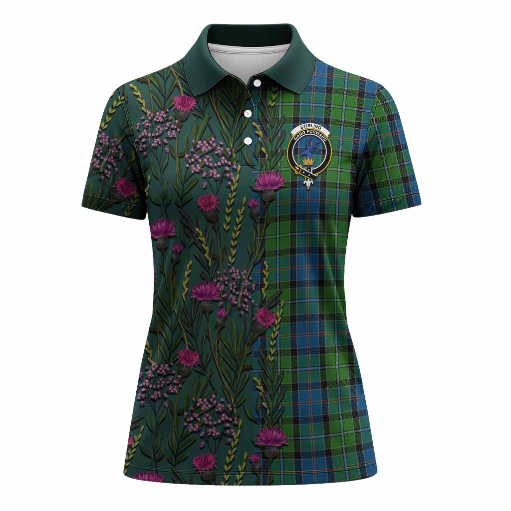 Stirling Family Crest Tartan Women Polo Shirt Scottish Thistle Flower Pattern Half Style - Tartan Vibes Clothing