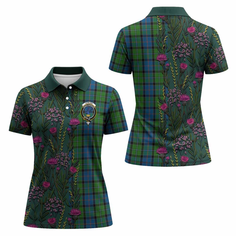 Stirling Family Crest Tartan Women Polo Shirt Scottish Thistle Flower Pattern Half Style - Tartan Vibes Clothing