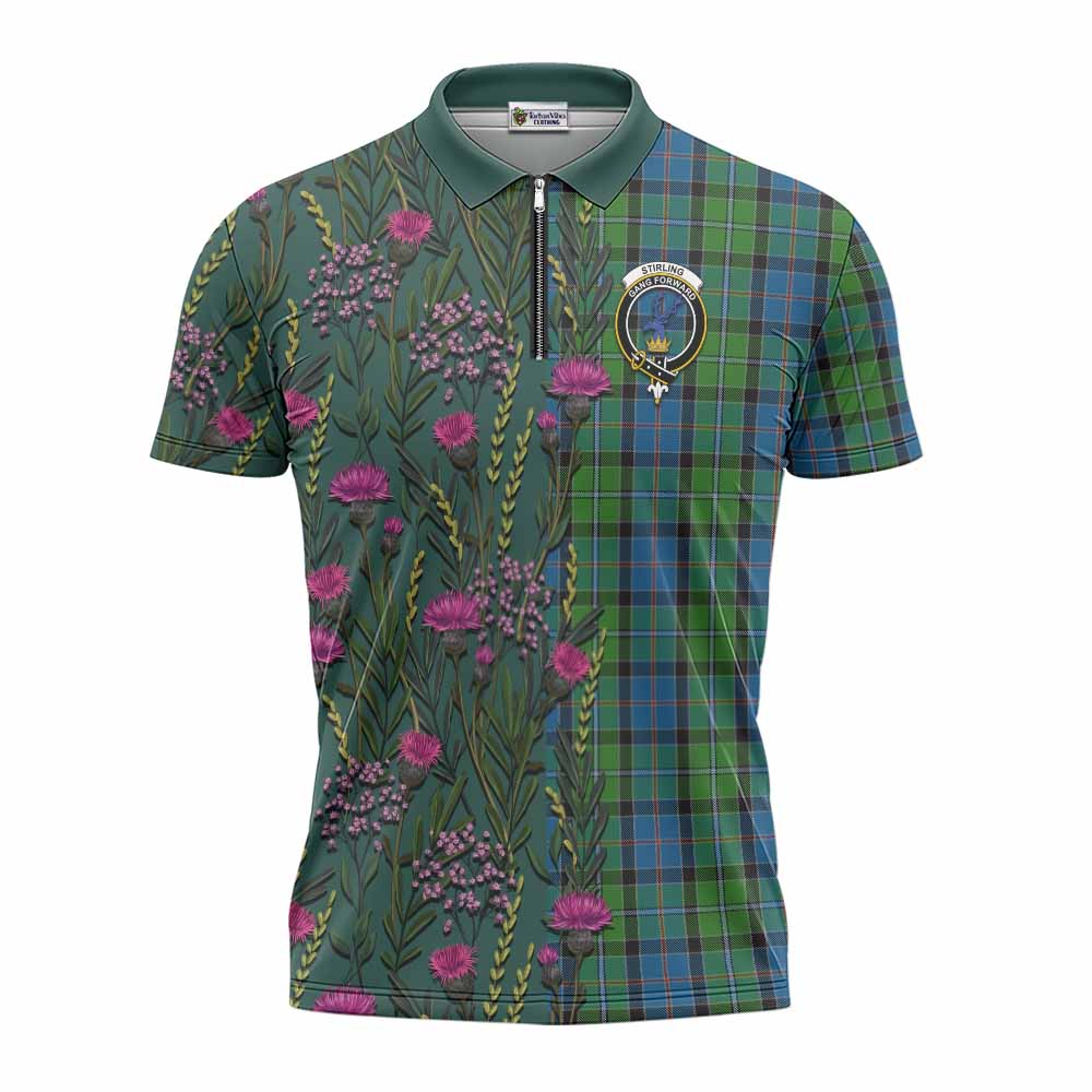 Stirling Family Crest Tartan Zipper Polo Shirt Scottish Thistle Flower Pattern Half Style - Tartan Vibes Clothing
