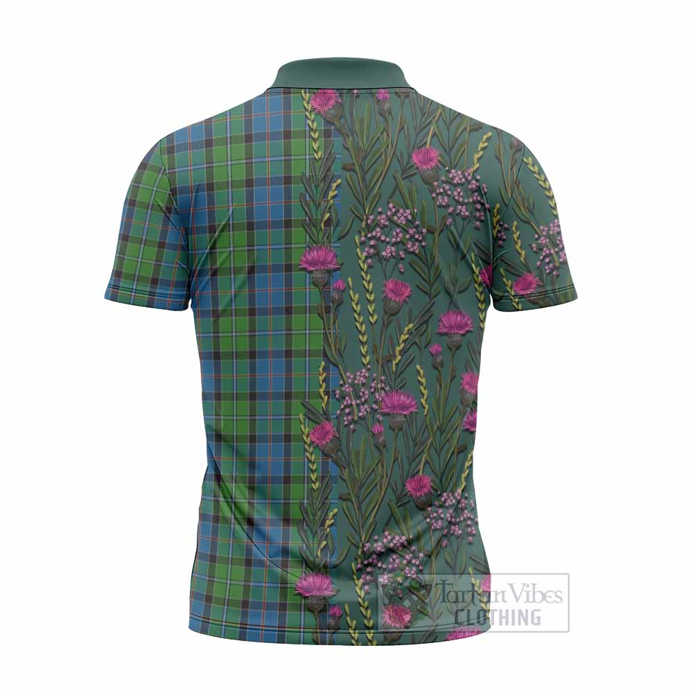 Stirling Family Crest Tartan Zipper Polo Shirt Scottish Thistle Flower Pattern Half Style - Tartan Vibes Clothing