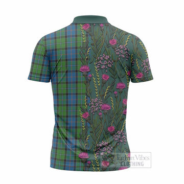 Stirling Family Crest Tartan Zipper Polo Shirt Scottish Thistle Flower Pattern Half Style - Tartan Vibes Clothing