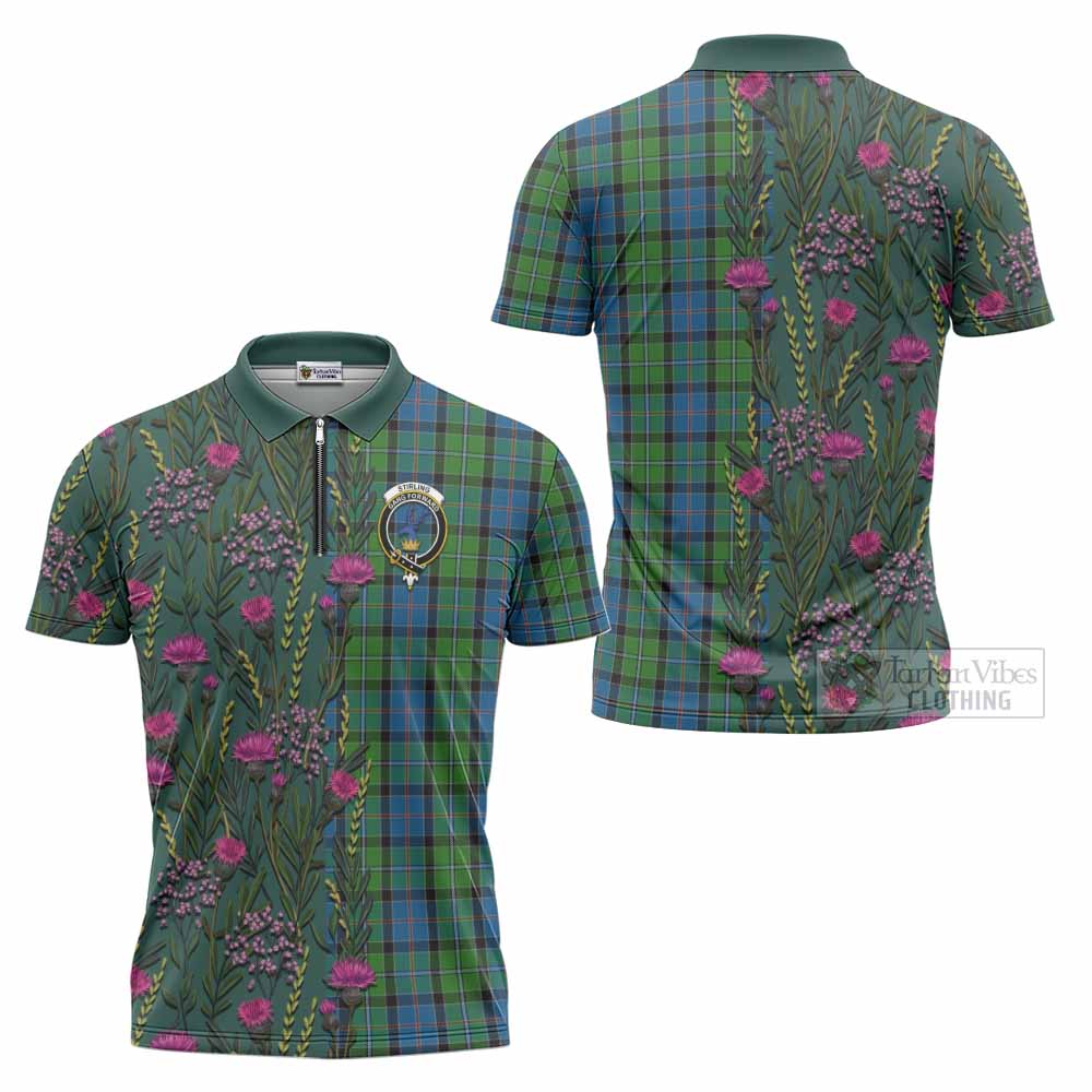 Stirling Family Crest Tartan Zipper Polo Shirt Scottish Thistle Flower Pattern Half Style - Tartan Vibes Clothing