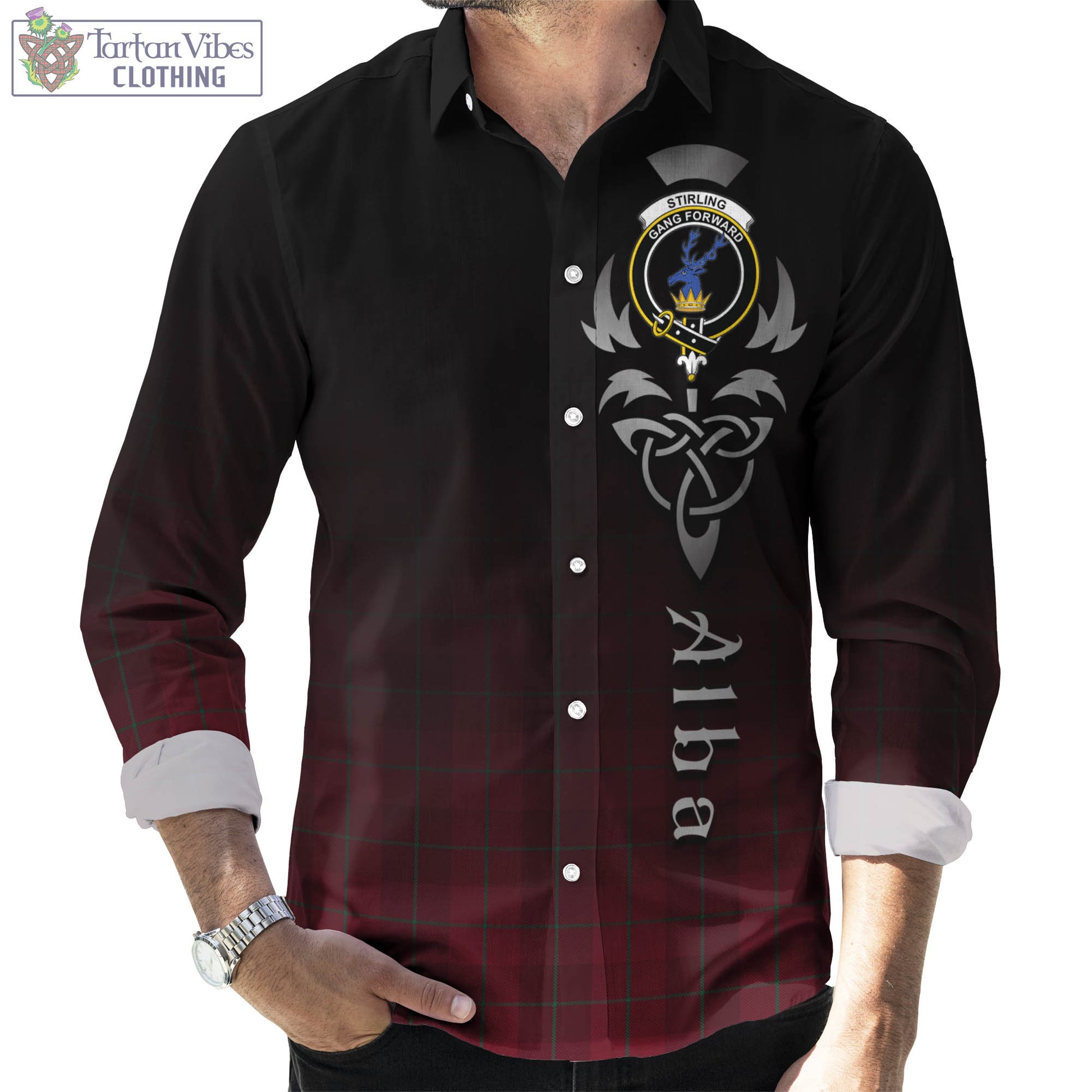 Tartan Vibes Clothing Stirling of Keir Tartan Long Sleeve Button Up Featuring Alba Gu Brath Family Crest Celtic Inspired