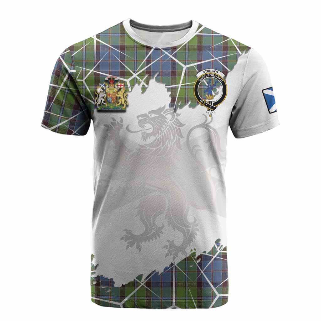 Stirling Tartan Cotton T-shirt with Family Crest and Lion Rampant Grunge Style