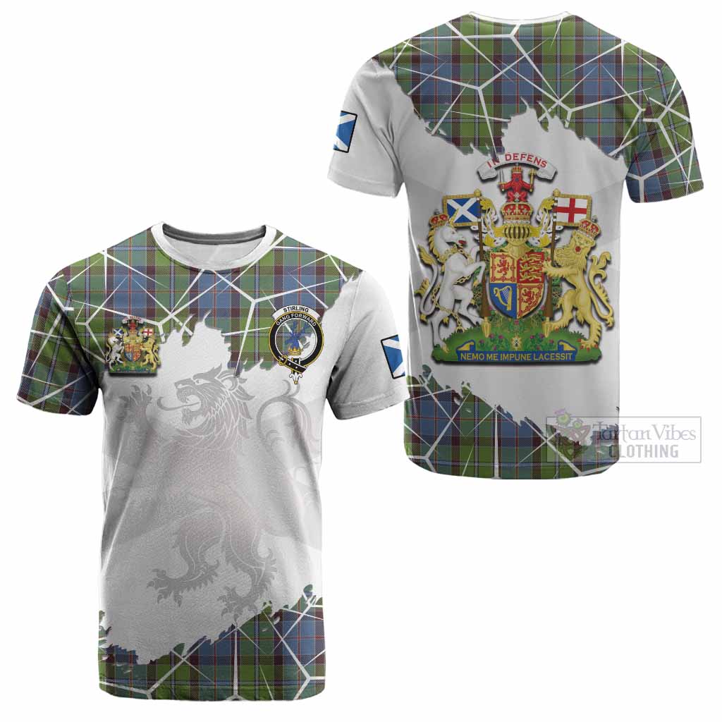 Stirling Tartan Cotton T-shirt with Family Crest and Lion Rampant Grunge Style