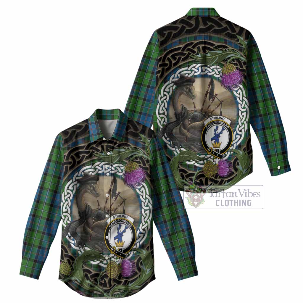 Stirling Tartan Crest Bagpipe Nessie Women Casual Shirt Scottish Loch Ness Monster Celtic Thistle