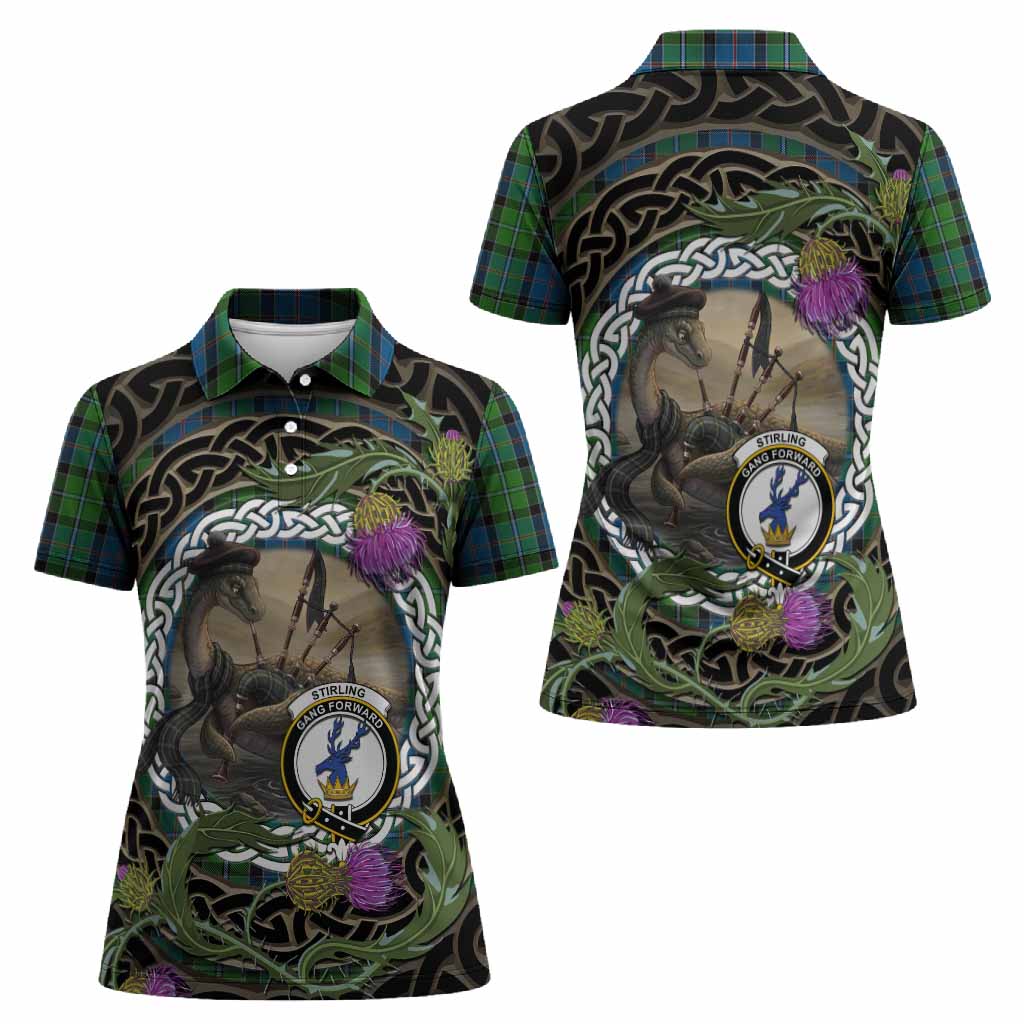 Stirling Tartan Crest Bagpipe Nessie Women Polo Shirt Scottish Loch Ness Monster Celtic Thistle