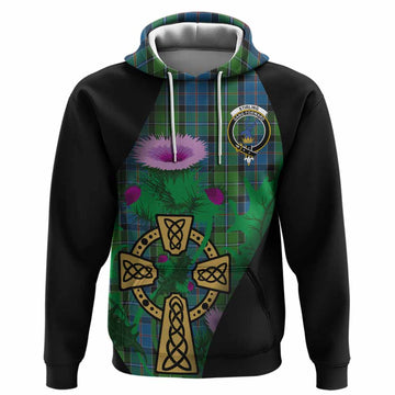 Stirling Tartan Crest Hoodie Celtic Cross Thistle Flowers